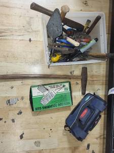 lot 144 image: Mixed Lot of Hand Tools with Rubbermaid Tool Bag and Soldering Gun