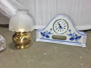 lot 150 image: Set of Vintage Home Decor Items Oil Lamps, Porcelain Clock, Table Lamp, and Wall Mirrors