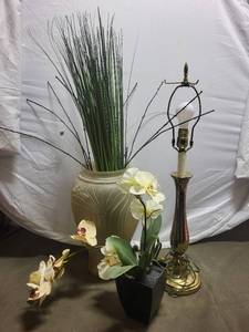 lot 157 image: Brass Lamp, Ceramic Vase, and Artificial Orchid Set