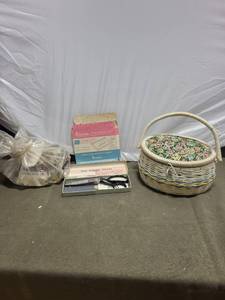 lot 163 image: Vintage Sewing Kit with Basket, Tracing Kit, and Pinking Shears