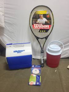 lot 233 image: Outdoor Sports and Activities Set Tennis Racket, Cooler, Jug, Golf Glove, Bath Oil