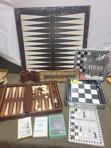 lot 242 image: Vintage Board Game Collection with Chess, Backgammon, Cribbage, and Playing Cards