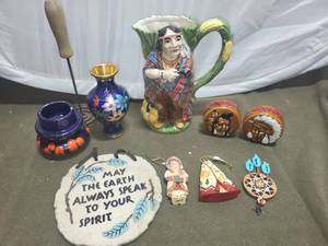 lot 250 image: Native American Themed Collectible Set with Pitcher, Plaques, and Figurines