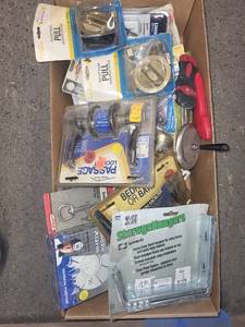 lot 303 image: Box of Mixed Home Improvement Hardware and Tools