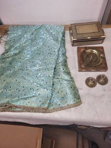 lot 330 image: Set of Assorted Linens and Decor Items Including Embroidered Tableware and Mosque Tapestry
