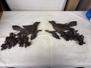 lot 87 image: Pair of Decorative Bird and Flower Wall Sculptures in Bronze Finish