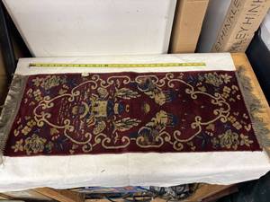 lot 170 image: Vintage Burgundy Woven Tapestry with Floral and Geometric Design