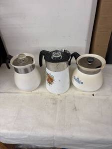 lot 176 image: Set of 3 Corning Ware Coffee Percolators with Floral Design