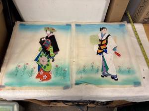 lot 179 image: Pair of Hand-Painted Japanese Silk Artwork with Floral and Character Motifs