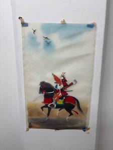 lot 181 image: Vintage Asian Hand-Painted Silk Scroll with Horseman Design