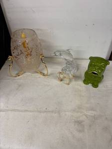 lot 197 image: Collection of Artistic Decor Pieces Including Crystal Dolphin and Green Bulldog