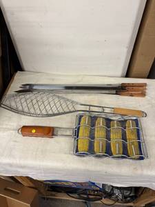 lot 227 image: Set of 3 Stainless Steel Grilling Utensils with Corn and Fish Baskets