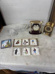 lot 269 image: Collection of Vintage Porcelain Tiles, Glass Bottles, and Clocks