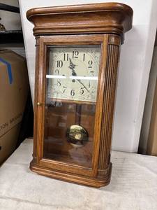 lot 274 image: Vintage Wall Clock with Pendulum and Ornate Detailing