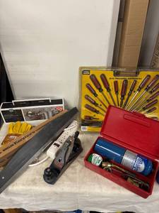 lot 318 image: Workshop Tool Set with Screwdriver Kit, Planer, Gloves, and Accessories