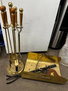 lot 125 image: Vintage Brass Fireplace Tool Set with Log Holder and Bellows