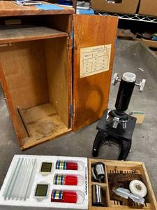 lot 284 image: Vintage Student Microscope Set with Wooden Case