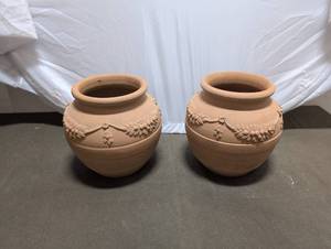 lot 36 image: Decorative Terracotta Floral Pots Pair