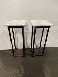 lot 502 image: Pair of Marble Top Plant Stands with Mahogany Leg Finish