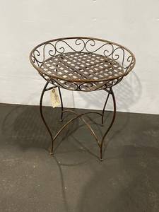 lot 505 image: Vintage Wrought Iron Plant Stand with Decorative Scrollwork