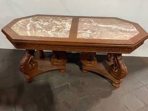 lot 517 image: Vintage Marble Top Coffee Table with Intricate Carved Legs