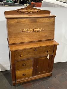 lot 521 image: Vintage Oak Secretary Desk with Intricate Carvings