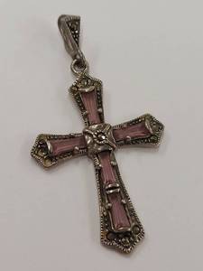 lot 11J image: Vintage Sterling Silver Cross Pendant Pink Gemstones