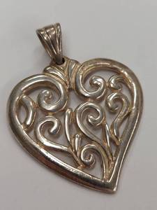 lot 39J image: Sterling Silver Heart Pendant with Intricate Scroll Design