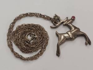 lot 54J image: 925 Sterling Silver Reindeer Pendant Necklace Gemstone Accent