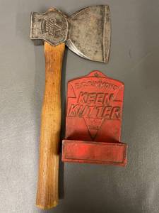 lot 15T image: Vintage E.C. Simmons Keen Kutter Hatchet & Tool Rack