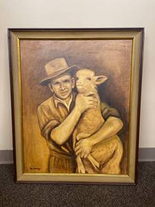 lot 37J image: Framed Farmer with Lamb Painting by M. Kelley