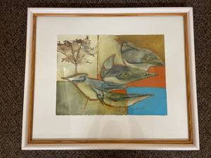 lot 40J image: Framed Abstract Bird Art Signed Contemporary