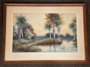 lot 4U image: A Hynes Framed Landscape Painting with Water View