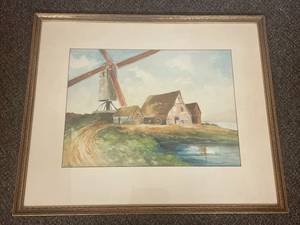 lot 13U image: Framed Windmill Scene Watercolor Painting Artwork