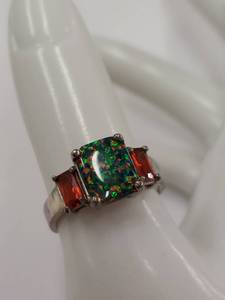 lot 5Q image: Sterling Silver Opal Triplet Ring with Orange Gems - Size 8.5