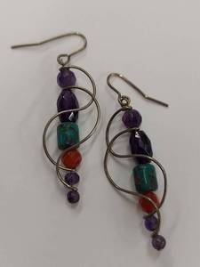 lot 19Q image: Sterling Silver Earrings with Amethyst, Turquoise, Red Stones