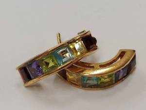 lot 61Q image: Multi-Gemstone 925 Gold Tone Hoop Earrings