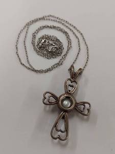 lot 95Q image: Sterling Silver Heart Cross Pendant Necklace with Pearl