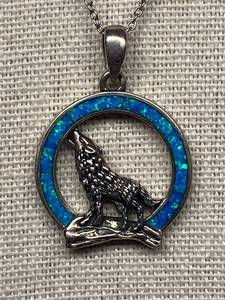 lot 19B image: Sterling Silver Opal Inlay Wolf Pendant Necklace