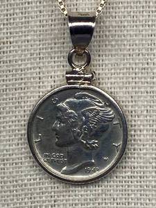 lot 24B image: 1943 Mercury Dime Pendant Necklace Sterling Silver