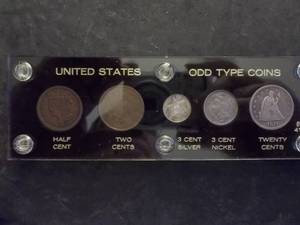 lot 24A image: US Odd Type Coin Set-Half Cent, Two Cent, 3 Cent Silver, 3 Cent Nickel & Twenty Cent Piece.