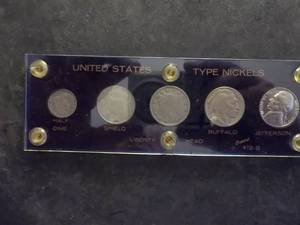 lot 24B image: US Type Nickels-1834 Half Dime, 1868 Shield Nickel, 1907 V Nickel, 1935 S Buffalo Nickel, 1975 S Jefferson Proof Nickel