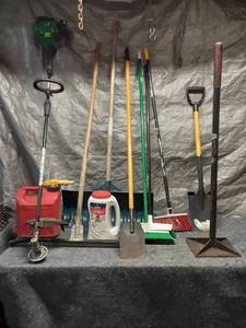 lot 44 image: Assorted Outdoor and Garden Tools Including Weed Trimmer and Brooms