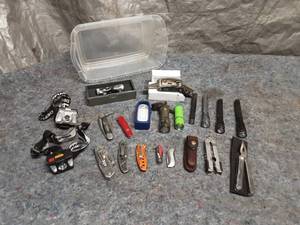 lot 56 image: Mixed Lot of 20 Pocket Knives, Multi-Tools, Headlamps and Accessories