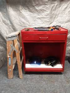 lot 59 image: Red Metal Tool Cabinet with Assorted Hand Tools and Ladder