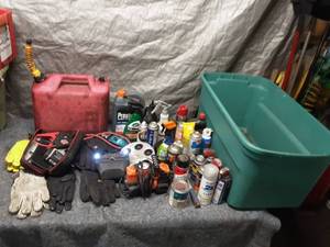 lot 74 image: Assortment of Automotive Maintenance Supplies with Gasoline Can