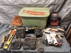 lot 77 image: Assorted Construction Tools and Tool Belts Collection