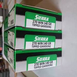lot 20 image: SIERRA - THE BULLETSMITHS - 270 WIN 140 GRAIN - TIPPED GAMEKING - Lot of 3 boxes