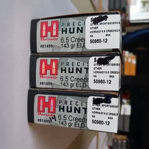 lot 22 image: HORNADY PRECISION HUNTER  6.5 CREEDMORE  143 gr ELD  lot of 3 boxes