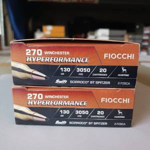 lot 29 image: FIOCCHI 270 WINCHESTER 130 gr 3050 fps  2 boxes in this lot